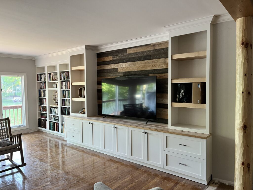 Lake House Entertainment Wall with Hickory top white by Tideline Cabinetry