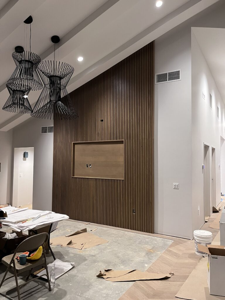 15' Tall White Oak TV wall by Tideline Cabinetry