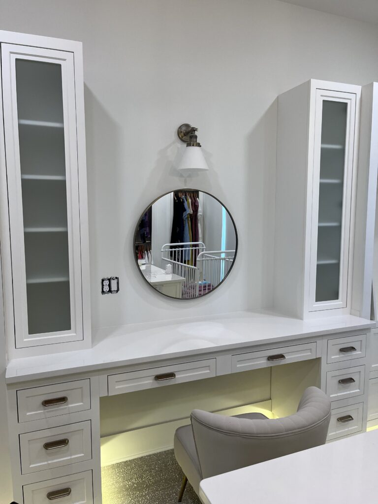 Inset Makeup Counter pure white by Tideline Cabinetry