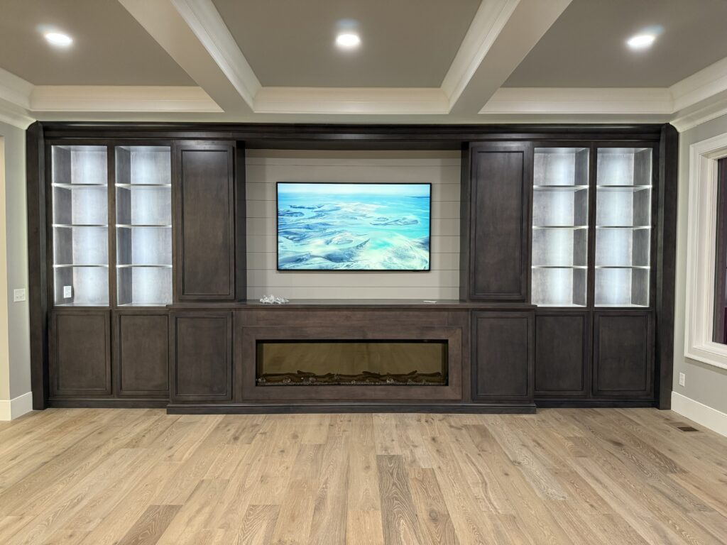 Entertainment Wall with Electric Fireplace-Storm Blue Stain-by Tideline Cabinetry