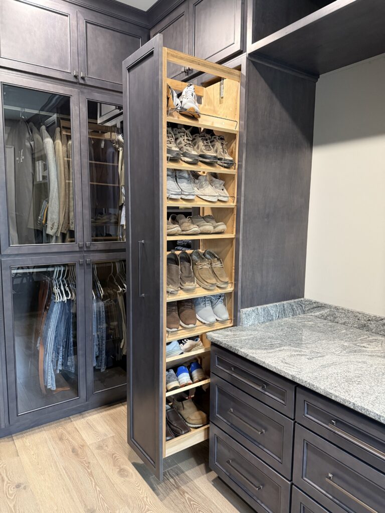 Custom Shoe Rack-Storm Blue Stain-Big Bead Shaker-by Tideline Cabinetry