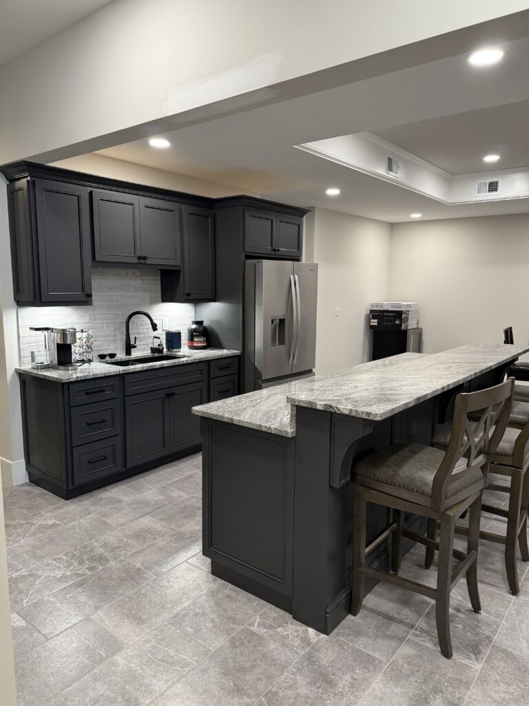 Basement Kitchen with Island-Iron Ore-Big Bead Shaker-by Tideline Cabinetry